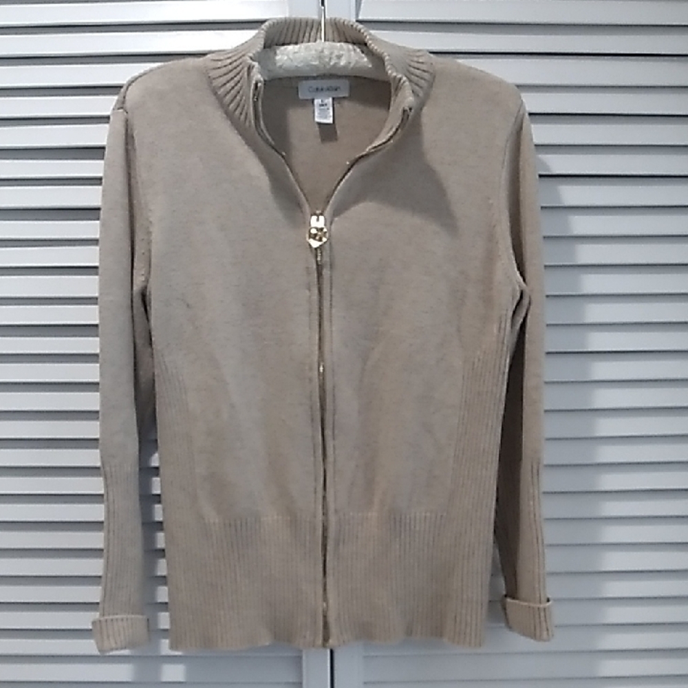 Calvin Klein Beige Full Zipper Sweater, Women's Size Small